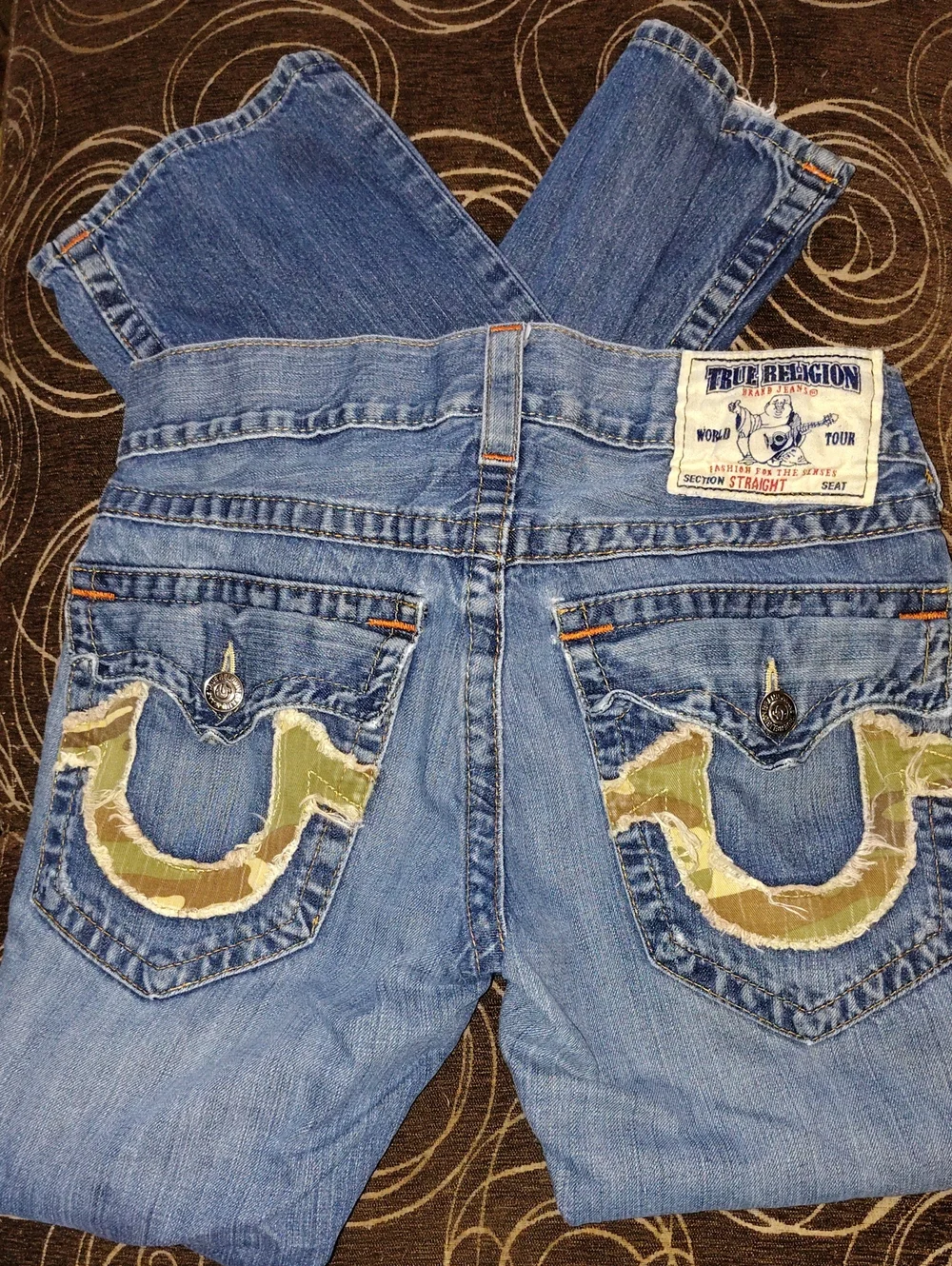 Chief Keef True Religion Camo Pocket Patches Distressed Light Blue Strip Jeans